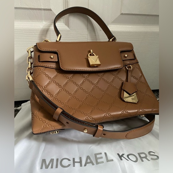 Michael Kors Gramercy Chain Embossed Leather Satchel Acorn Gold Bag - Picture 3 of 12